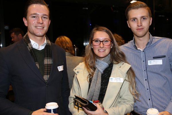 Geelong Young Professionals breakfast at Presidents Room, Geelong Football Club.Topic ,Future of Working in Geelong. Cr Trent Sullivan of COGG, Olivia Nicholls of Yellow Brick Road Geelong and Nick Johnston. Picture: Mike Dugdale