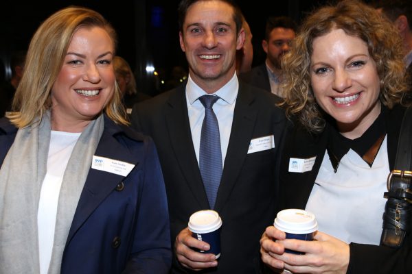 Geelong Young Professionals breakfast at Presidents Room, Geelong Football Club.Topic ,Future of Working in Geelong. Kate Swifte of Krock and Bay 939, Paul Whyte of Maxwell Collins Real Estate and Rachel Patterson. Picture: Mike Dugdale