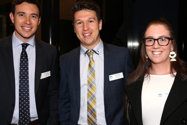Geelong Young Professionals breakfast at Presidents Room, Geelong Football Club.Topic ,Future of Working in Geelong. Shaun Carroll of Maxwell Collins Real Estate, Ben McLean of Wightons Lawyers and Georgie Martin of Fuse Advisory. Picture: Mike Dugdale